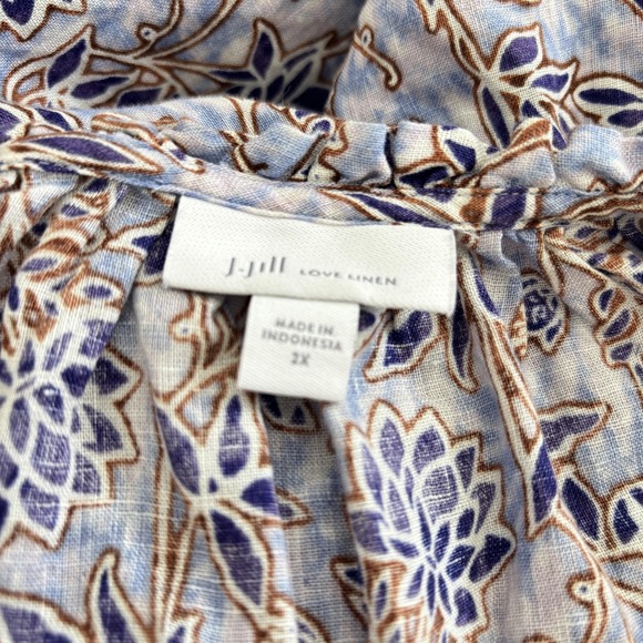 J. Jill Love Linen Tunic Top Womens Size 2X Blue Floral Boho Peasant Blouse - Picture 5 of 9